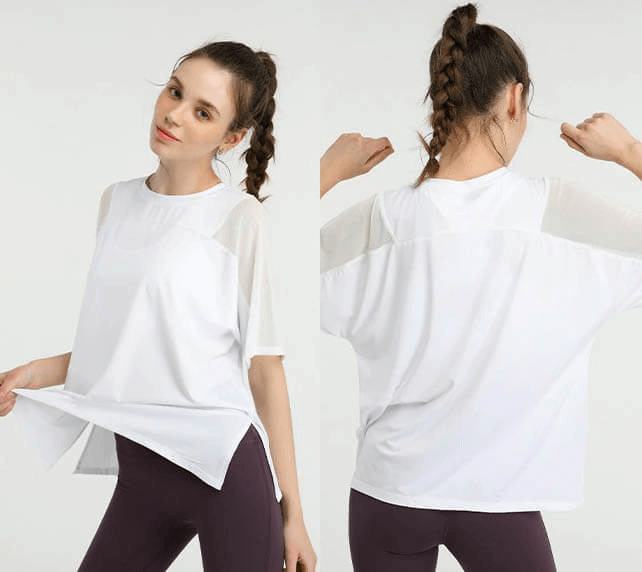 Woman modeling loose running mesh short sleeves t-shirt, showcasing front and back views, ideal for women's workout and sports activities.